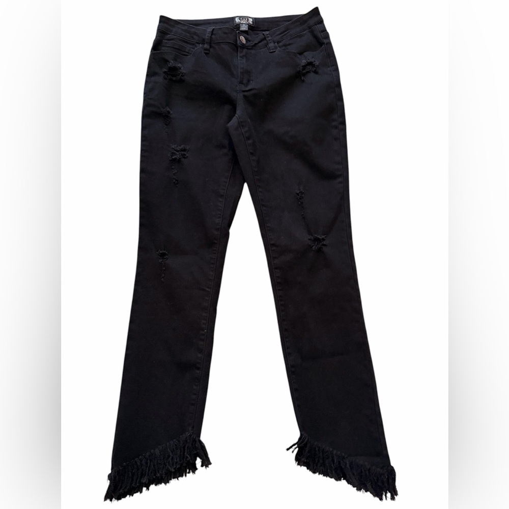 AZI New York Black Distressed Asymmetrical  Fringe Hem  Jeans 4